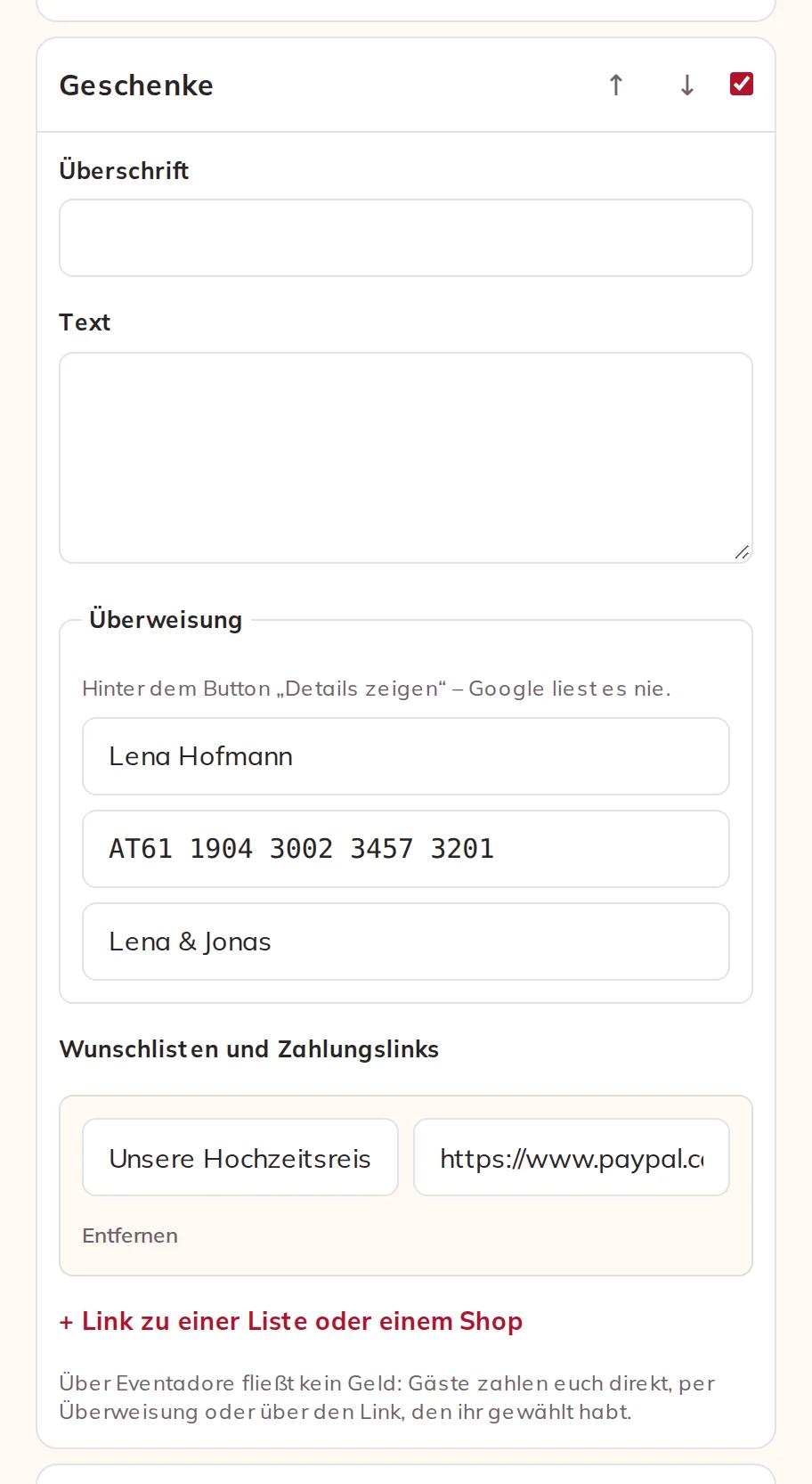 Bankverbindung und eine Wunschliste im Abschnitt Geschenke