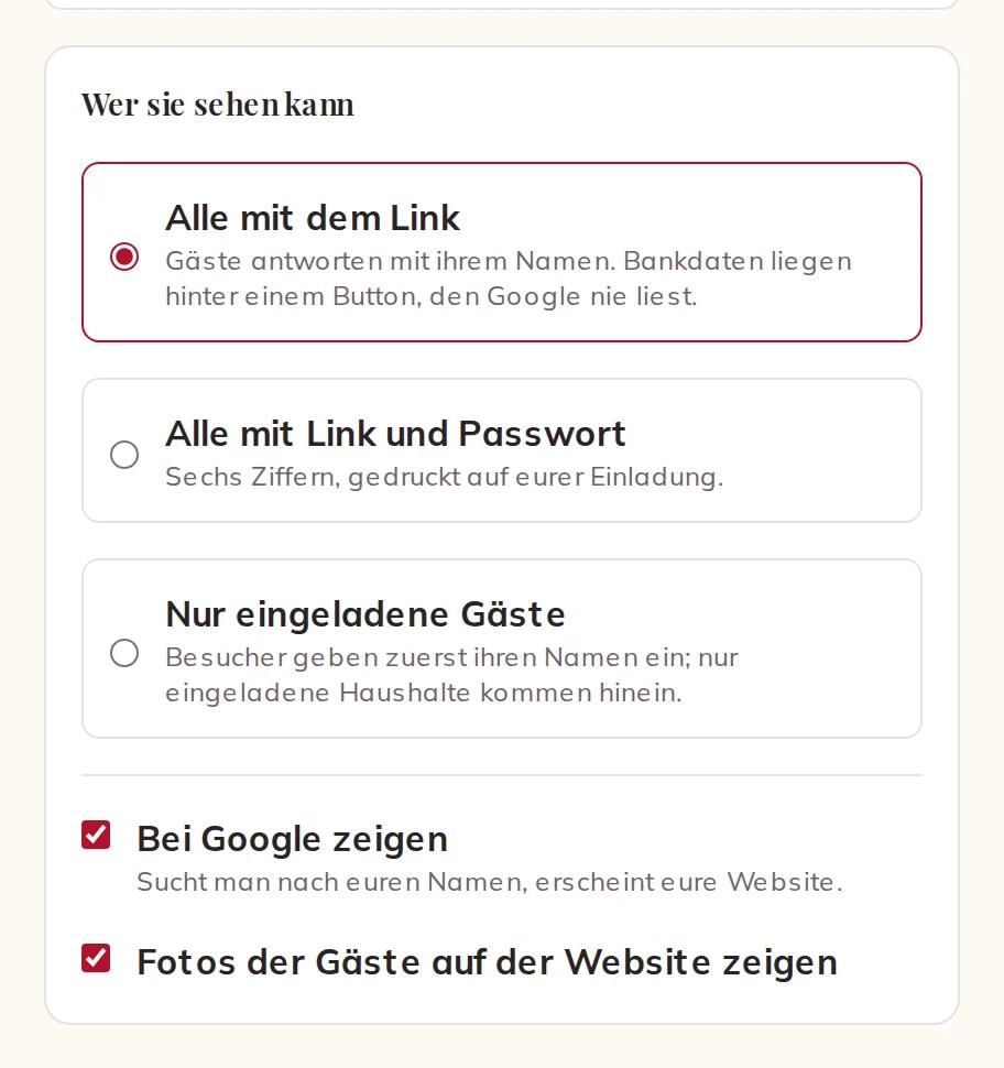 Wer eure Website sehen kann, Google und die Fotos eurer Gäste