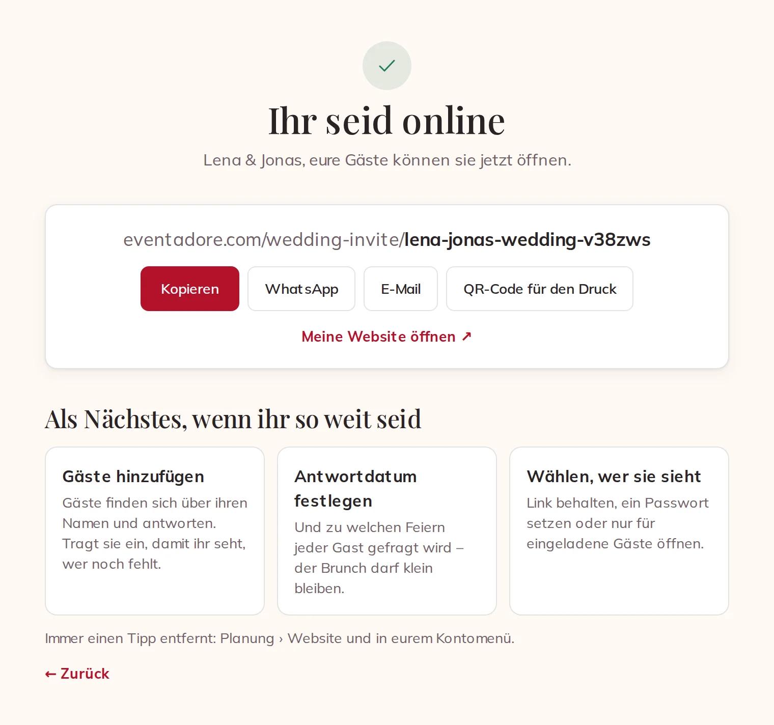 Ihr seid online: Link kopieren, WhatsApp, E-Mail oder ein QR-Code für den Druck