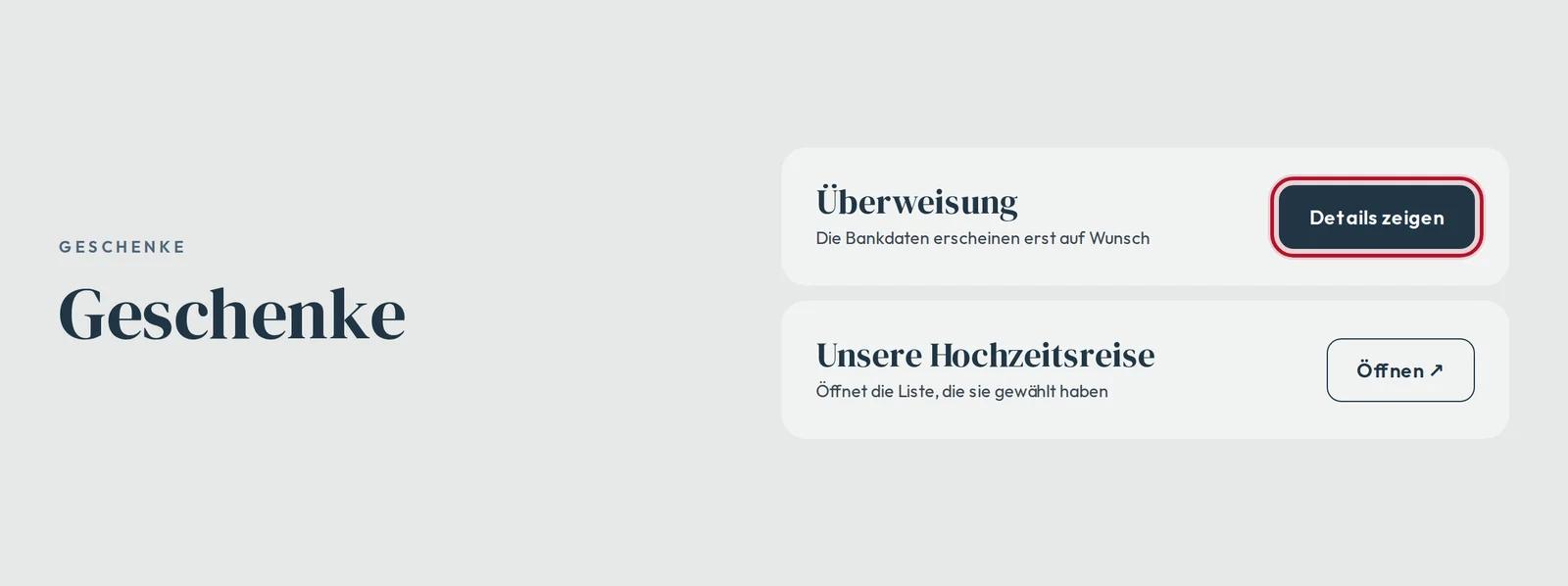 Geschenke auf eurer Website: Details zeigen für die Überweisung