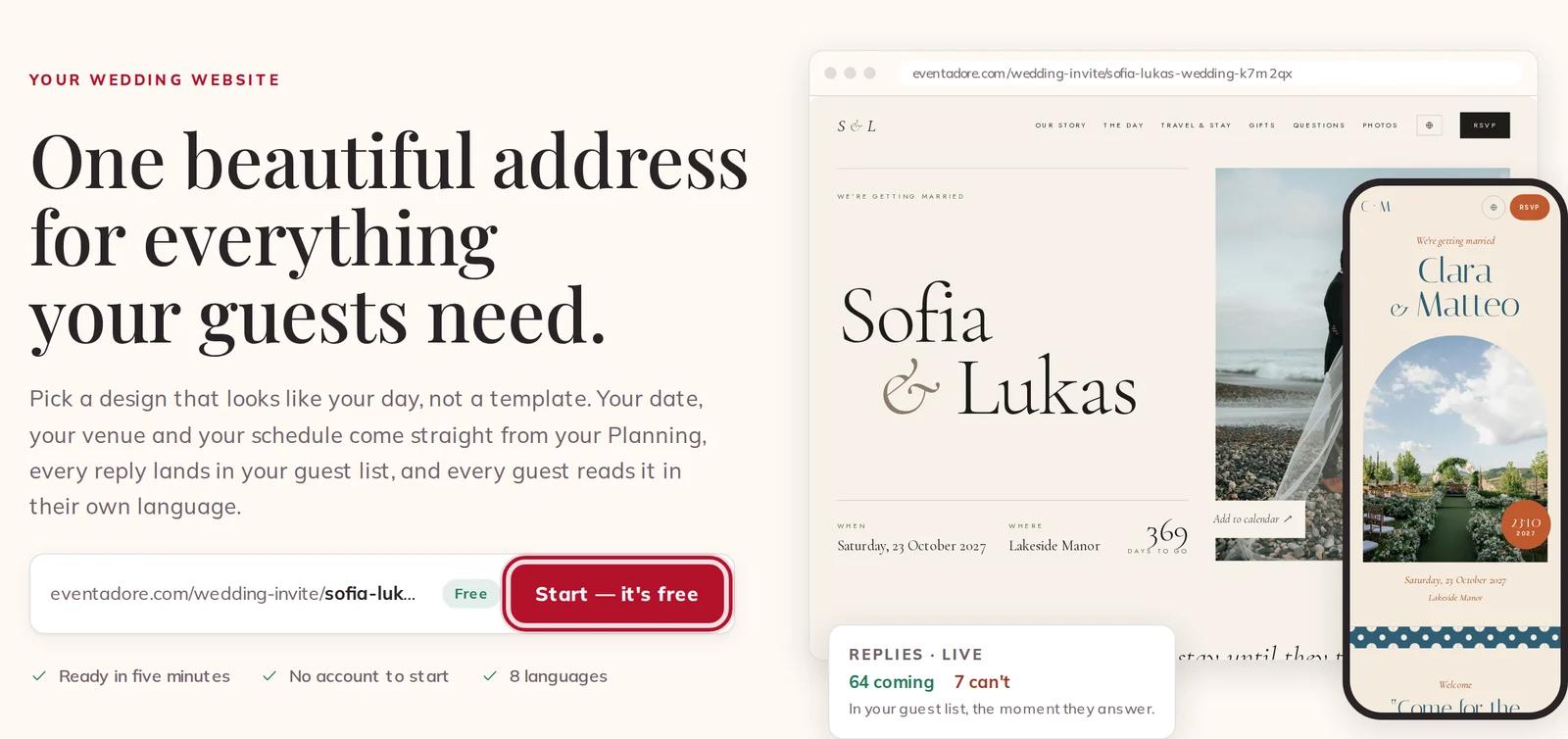 The wedding website page, with Start — it's free