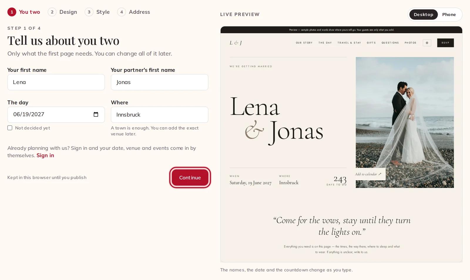 Step 1: your names, the day and the place, beside the live preview