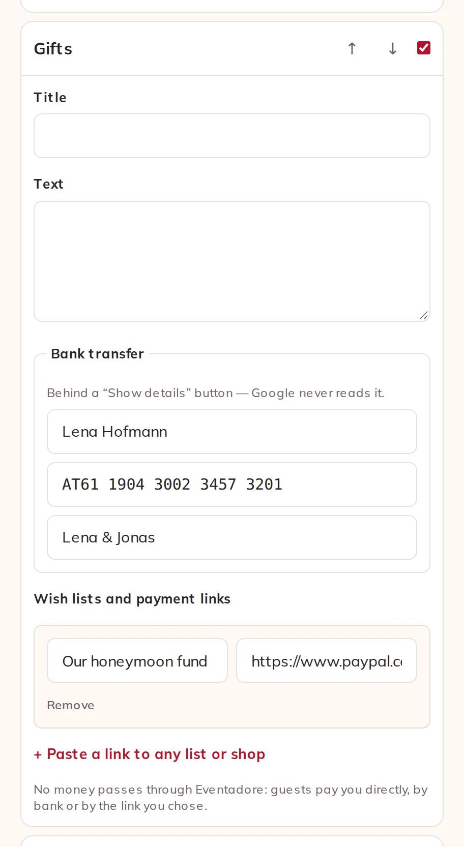 Bank details and a wish list in the Gifts section