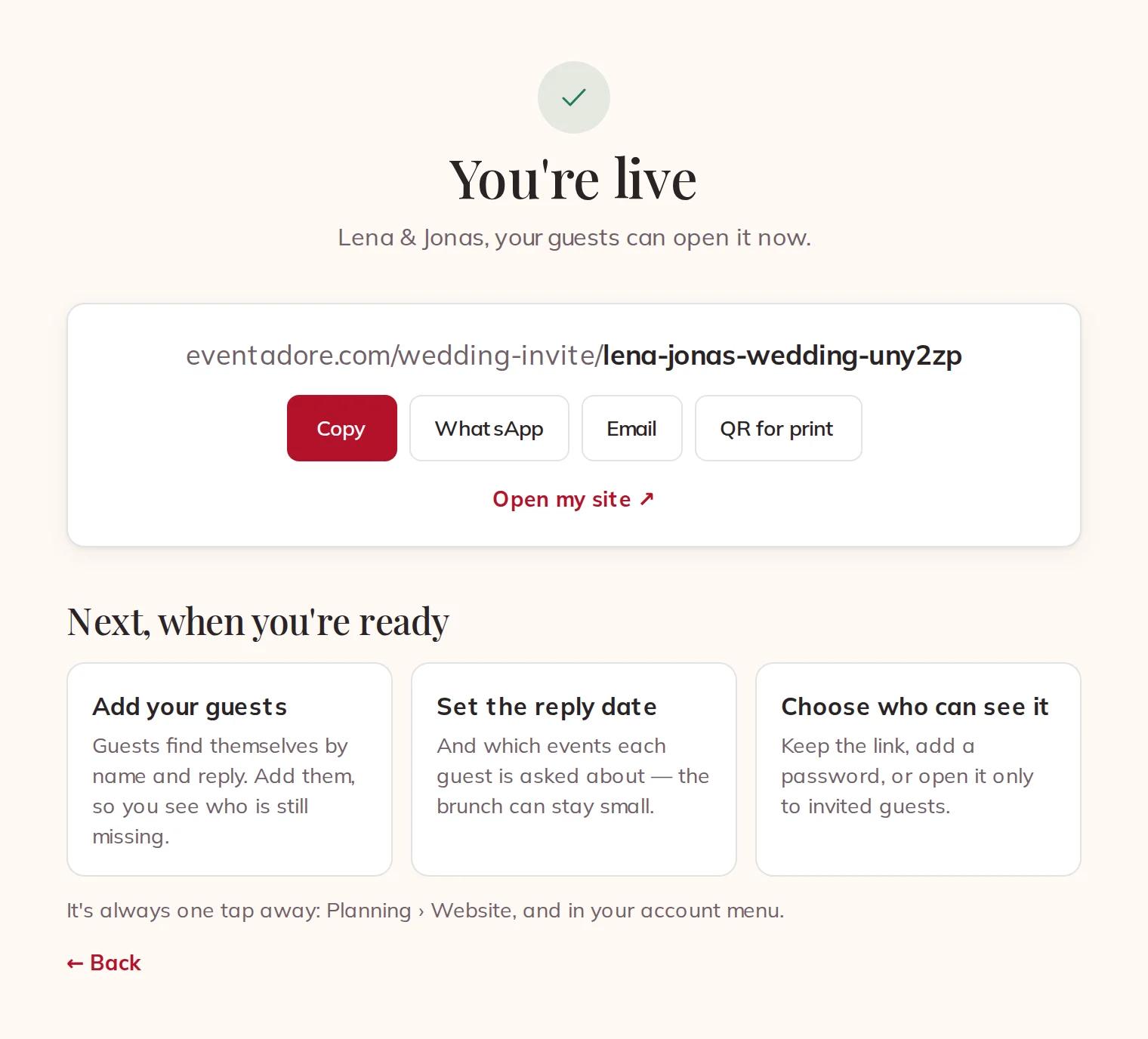 You're live: copy the link, WhatsApp, email or a QR for print