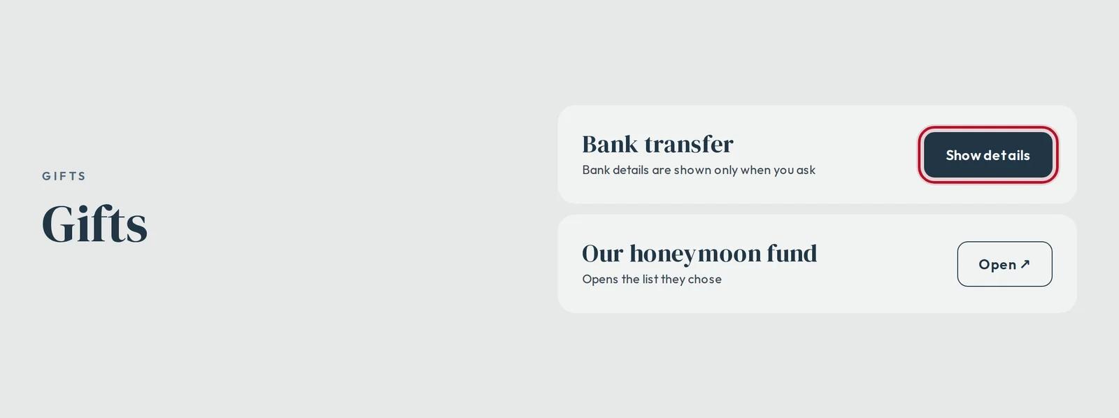 Gifts on your site: Show details for the bank transfer