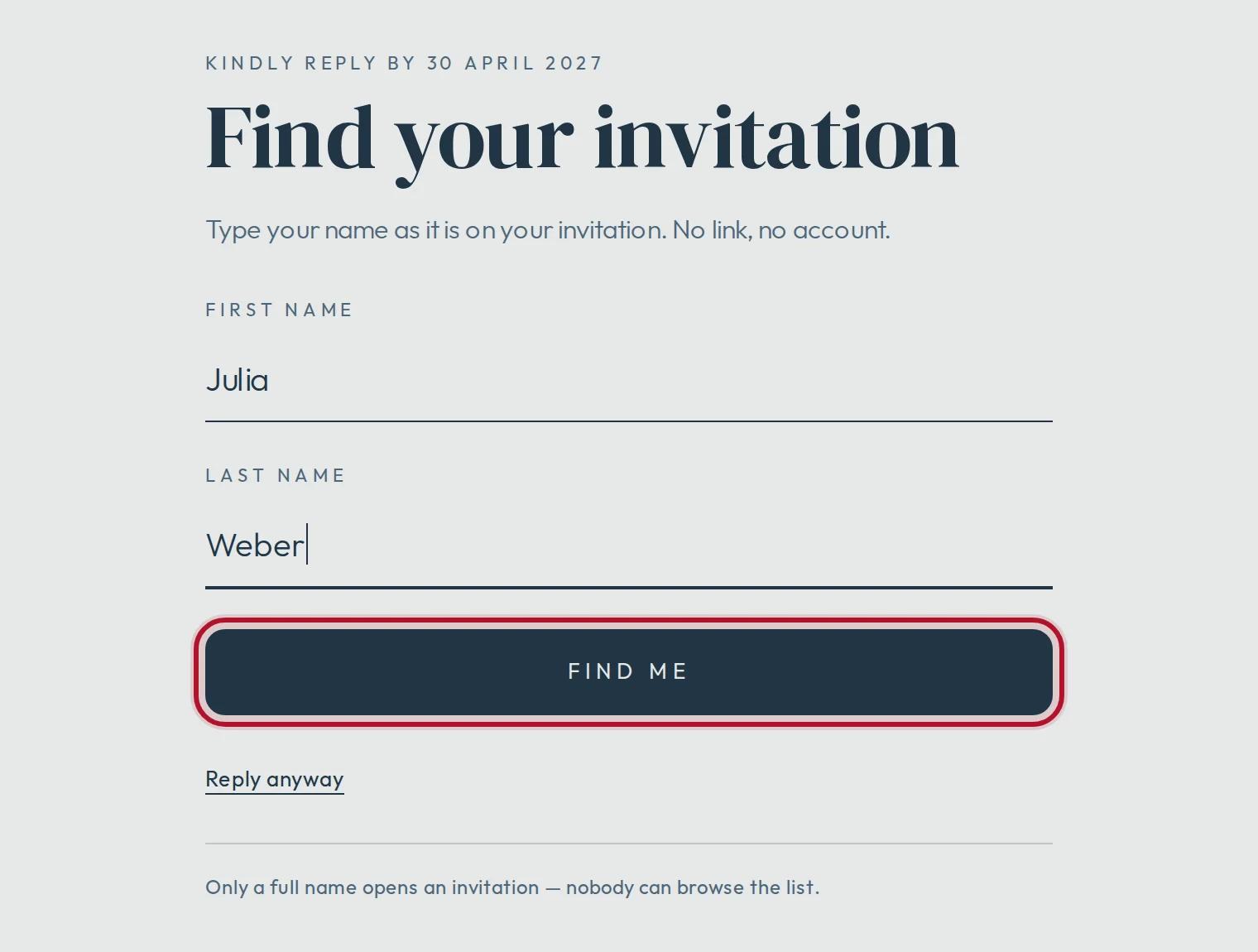 Find your invitation: a first and a last name