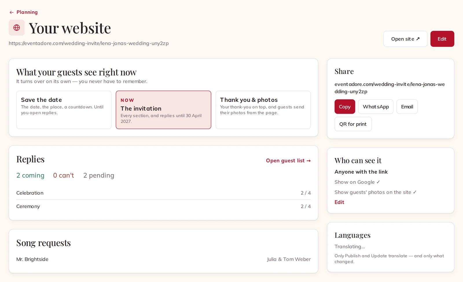 Your website in Planning: the phase, the replies and the songs