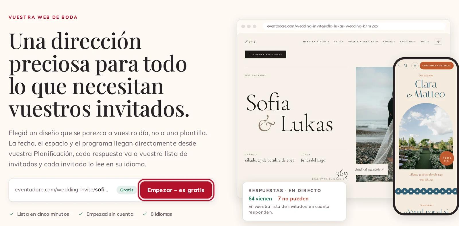 La página de la web de boda, con Empezar – es gratis