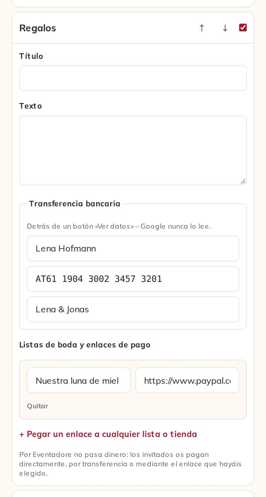 Datos bancarios y una lista de boda en la sección Regalos