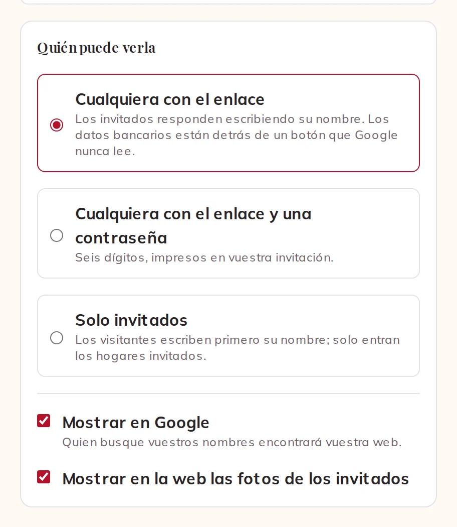 Quién puede ver vuestra web, Google y las fotos de vuestros invitados