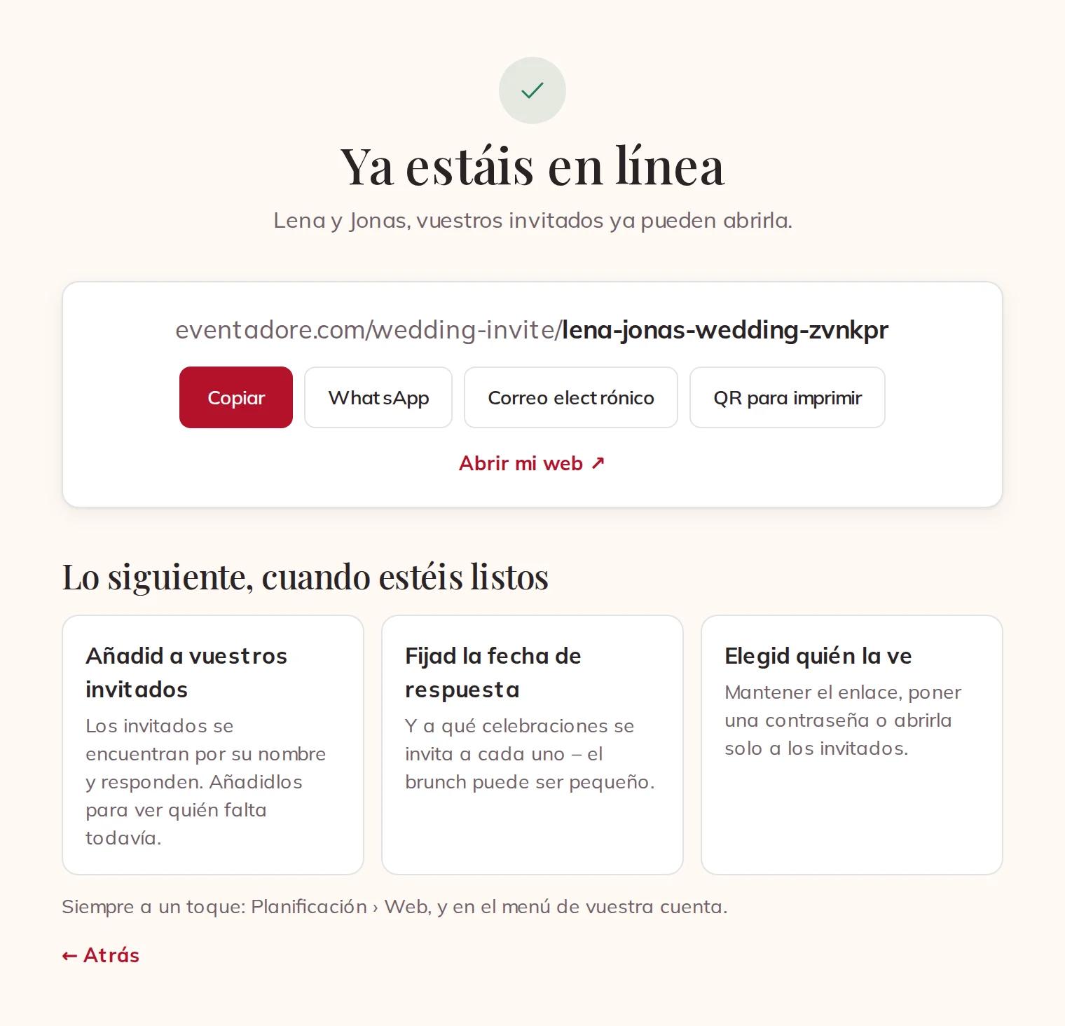 Ya estáis en línea: copiar el enlace, WhatsApp, correo electrónico o un QR para imprimir