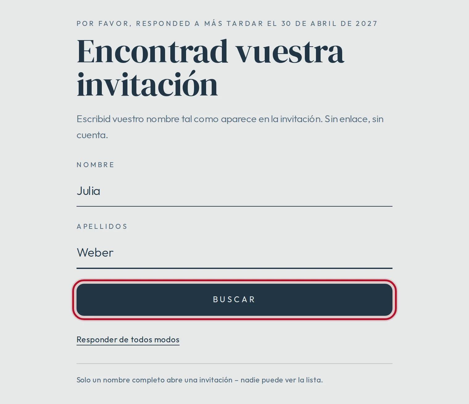 Encontrar la invitación: un nombre y un apellido