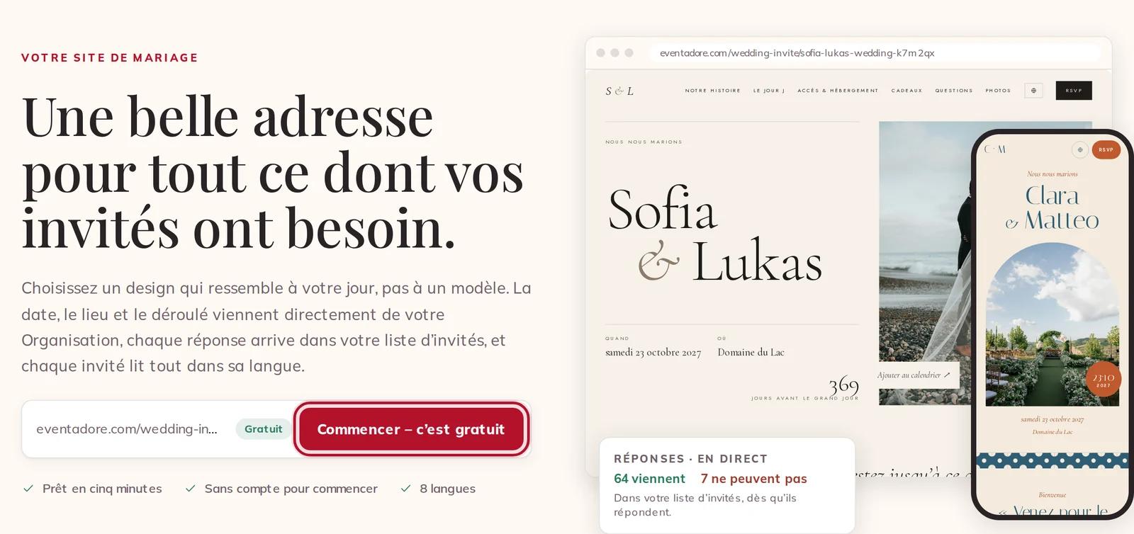 La page du site de mariage, avec Commencer – c’est gratuit