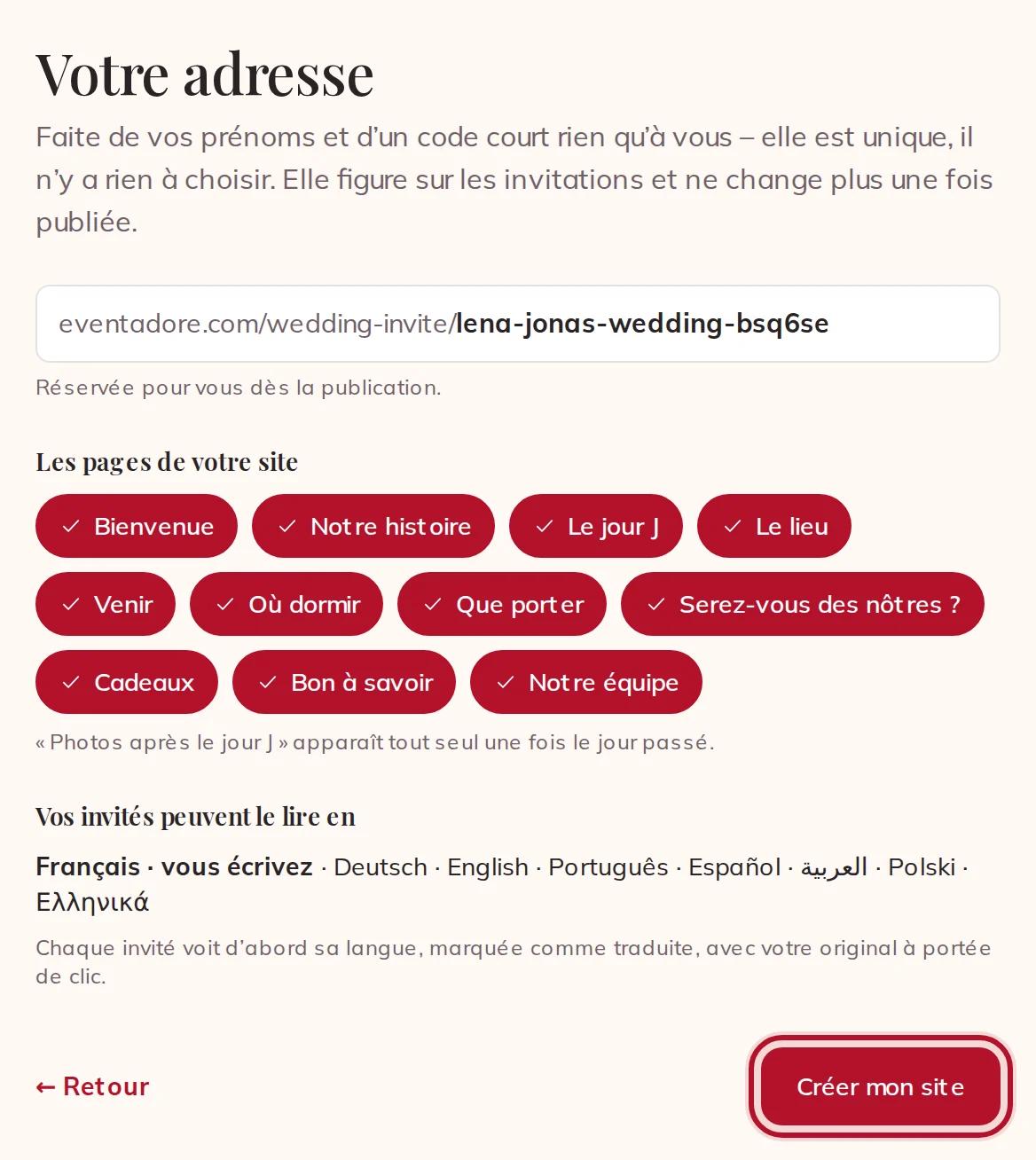 Votre adresse, les pages de votre site et les langues
