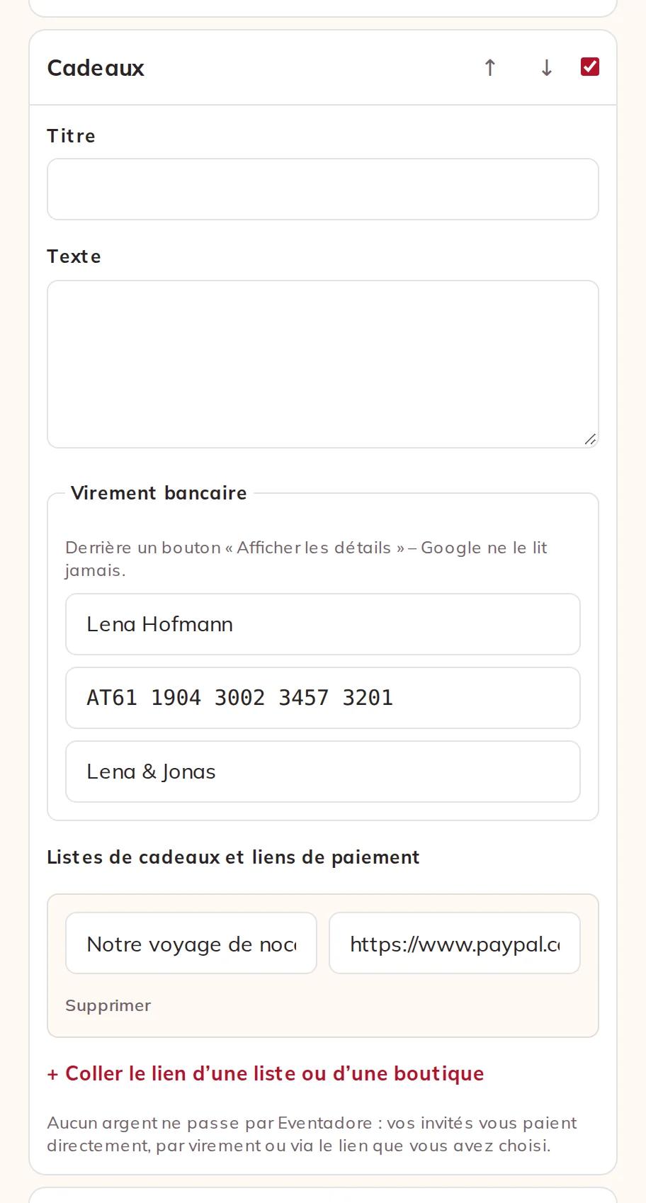 Coordonnées bancaires et une liste de cadeaux dans la section Cadeaux