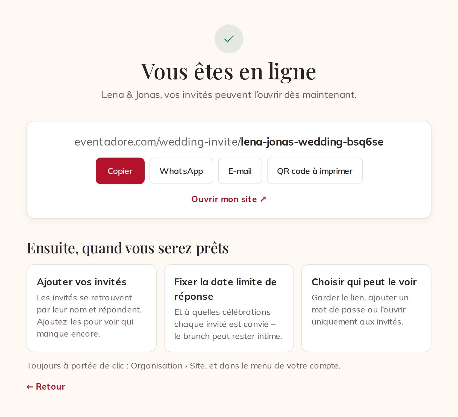 Vous êtes en ligne : copier le lien, WhatsApp, e-mail ou un QR code à imprimer
