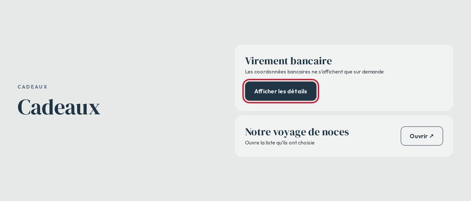 Les cadeaux sur votre site : Afficher les détails pour le virement bancaire