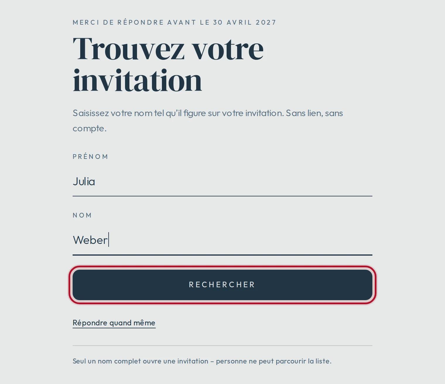 Retrouver son invitation : un prénom et un nom