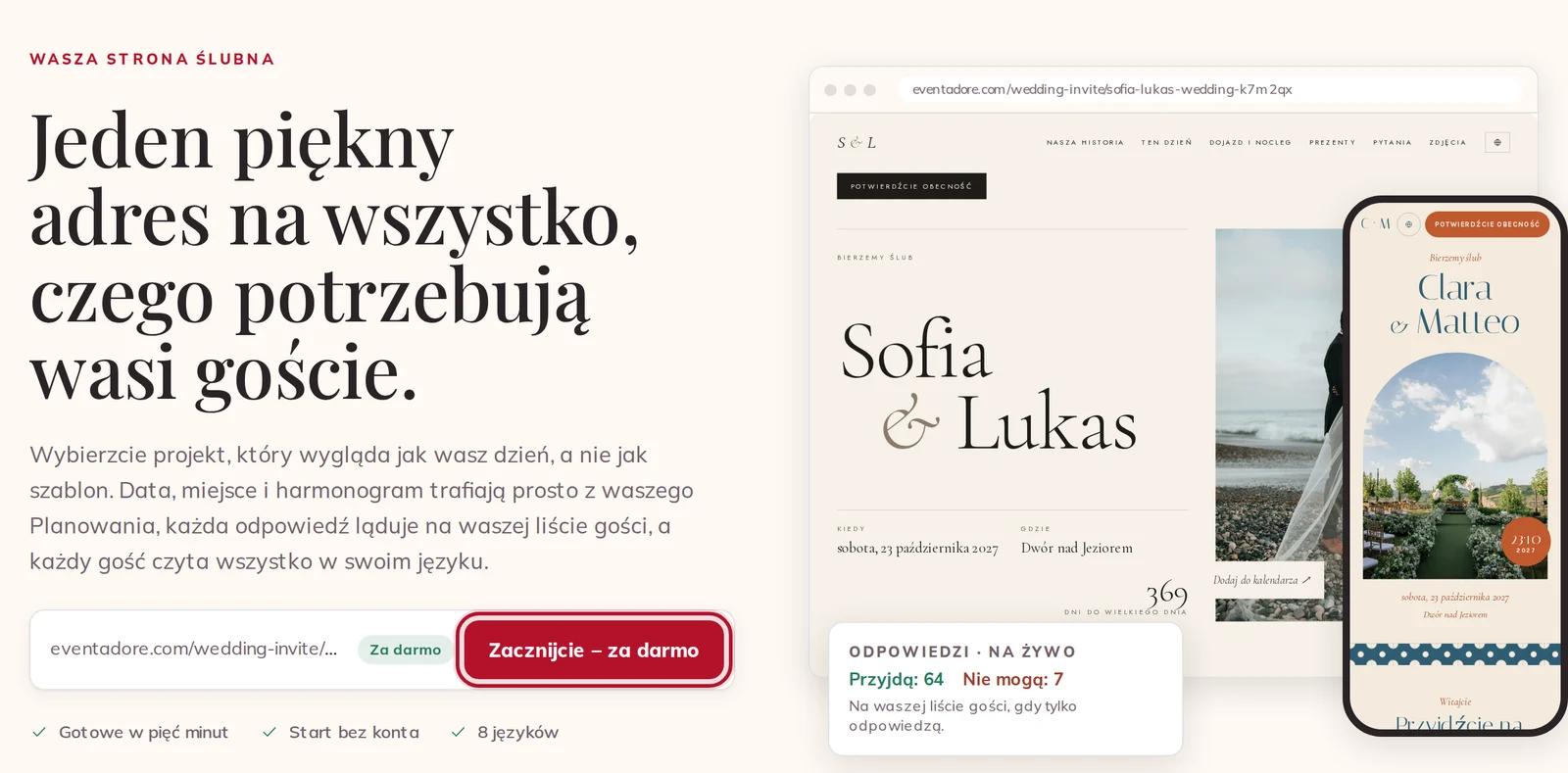 Strona ślubna z przyciskiem Zacznijcie – za darmo