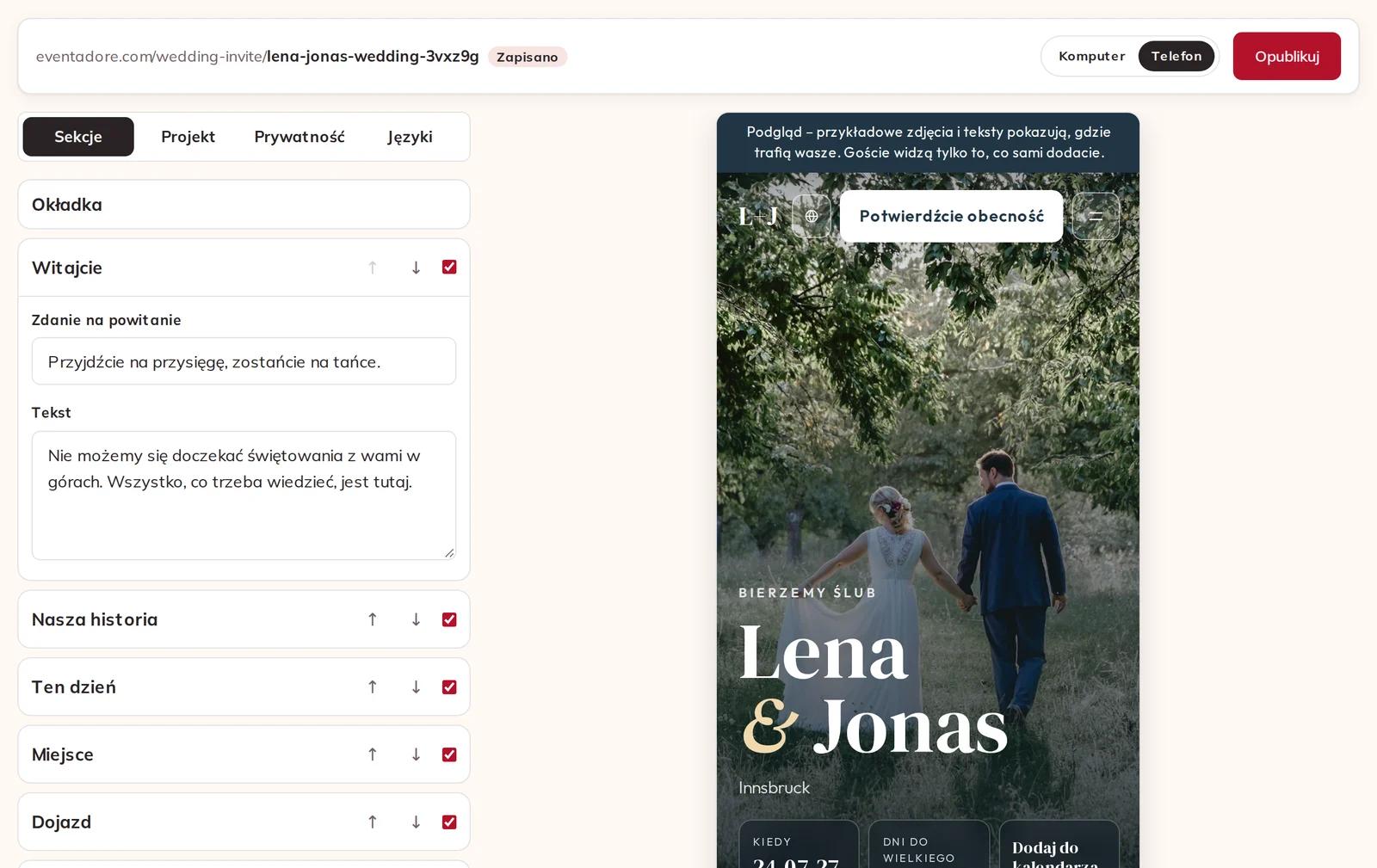 Edytor z otwartą sekcją Witajcie i podglądem na telefonie