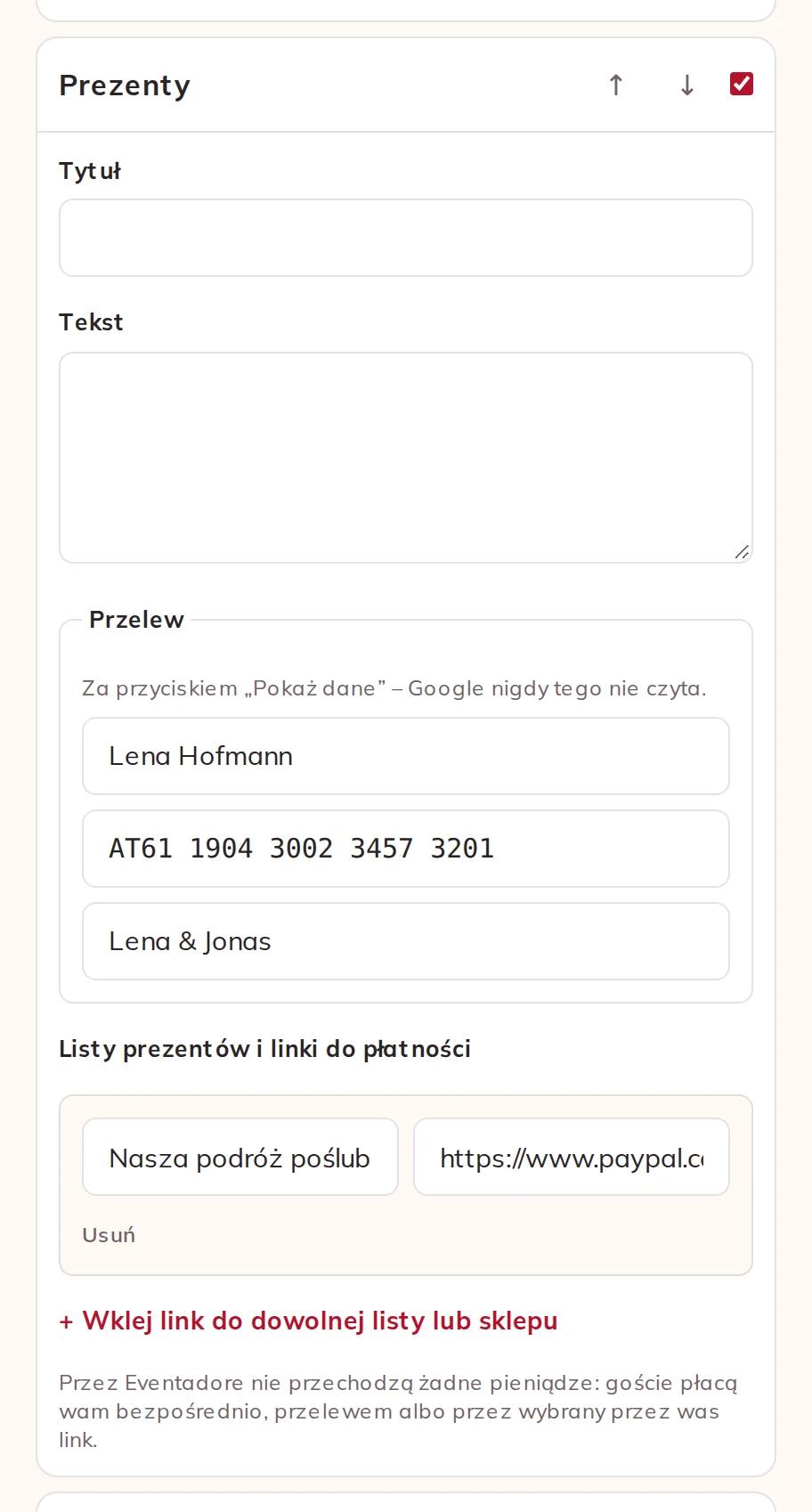 Dane do przelewu i lista prezentów w sekcji Prezenty