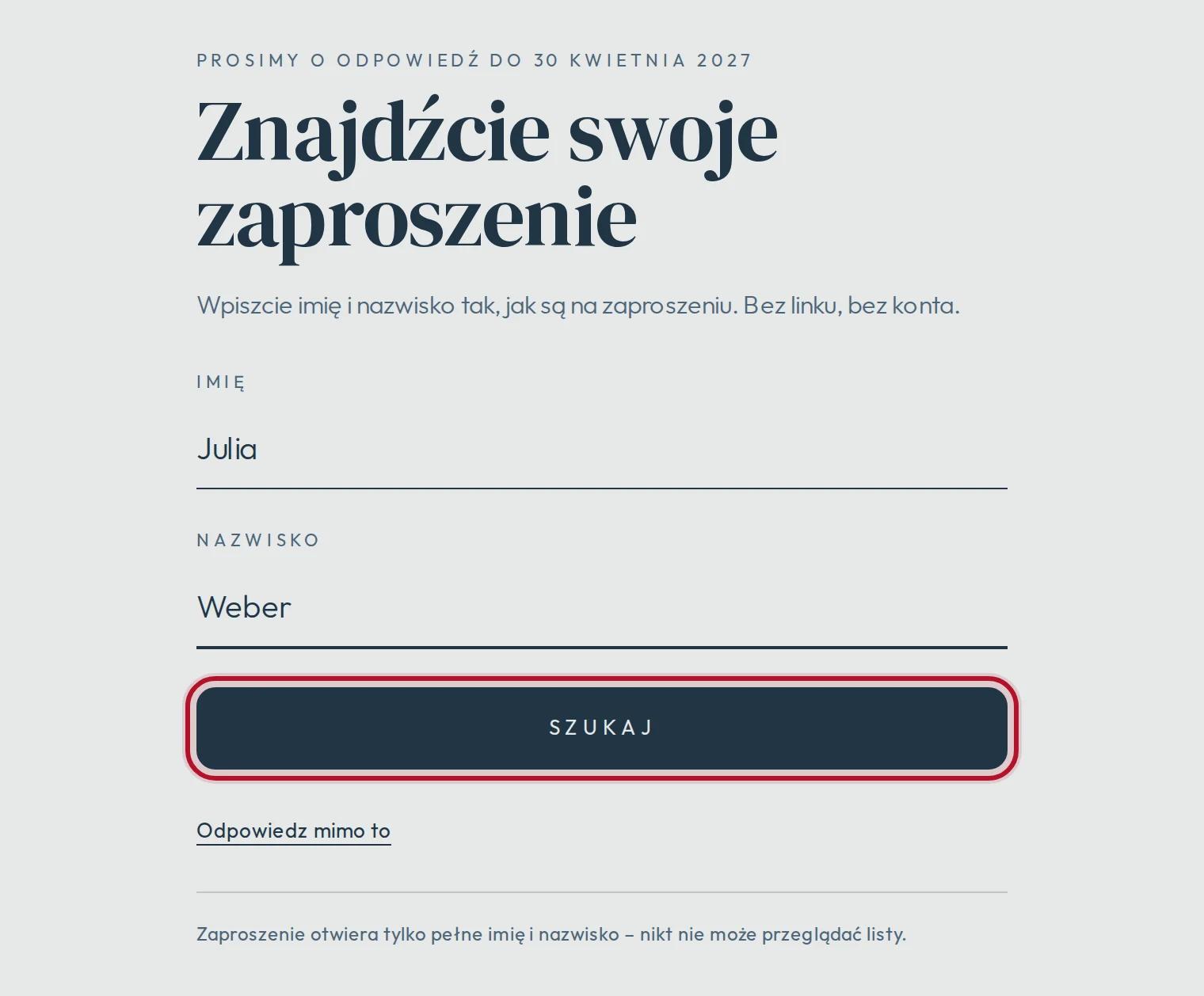 Znajdźcie swoje zaproszenie: imię i nazwisko