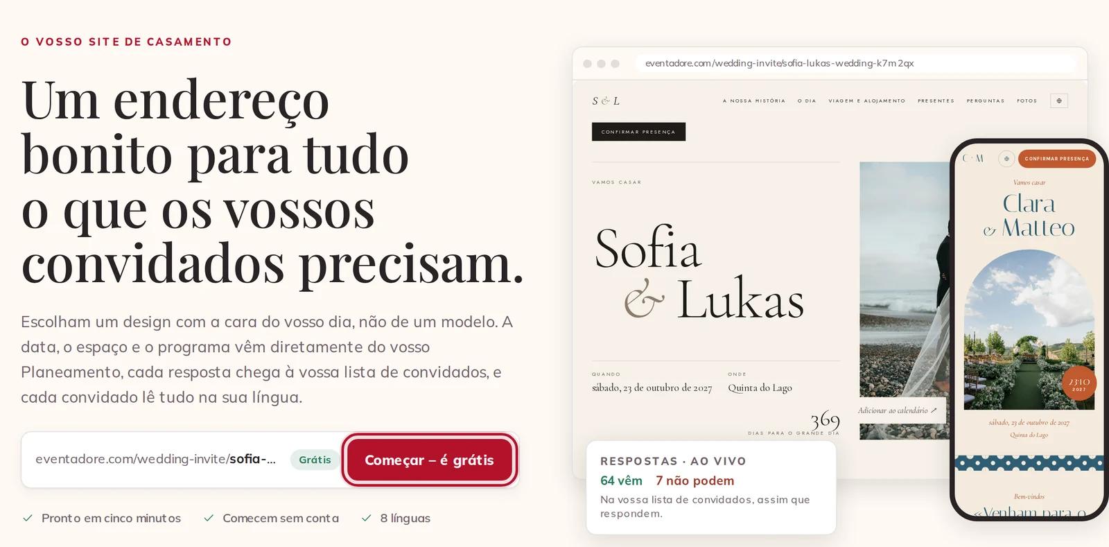 A página do site do casamento, com Começar – é grátis