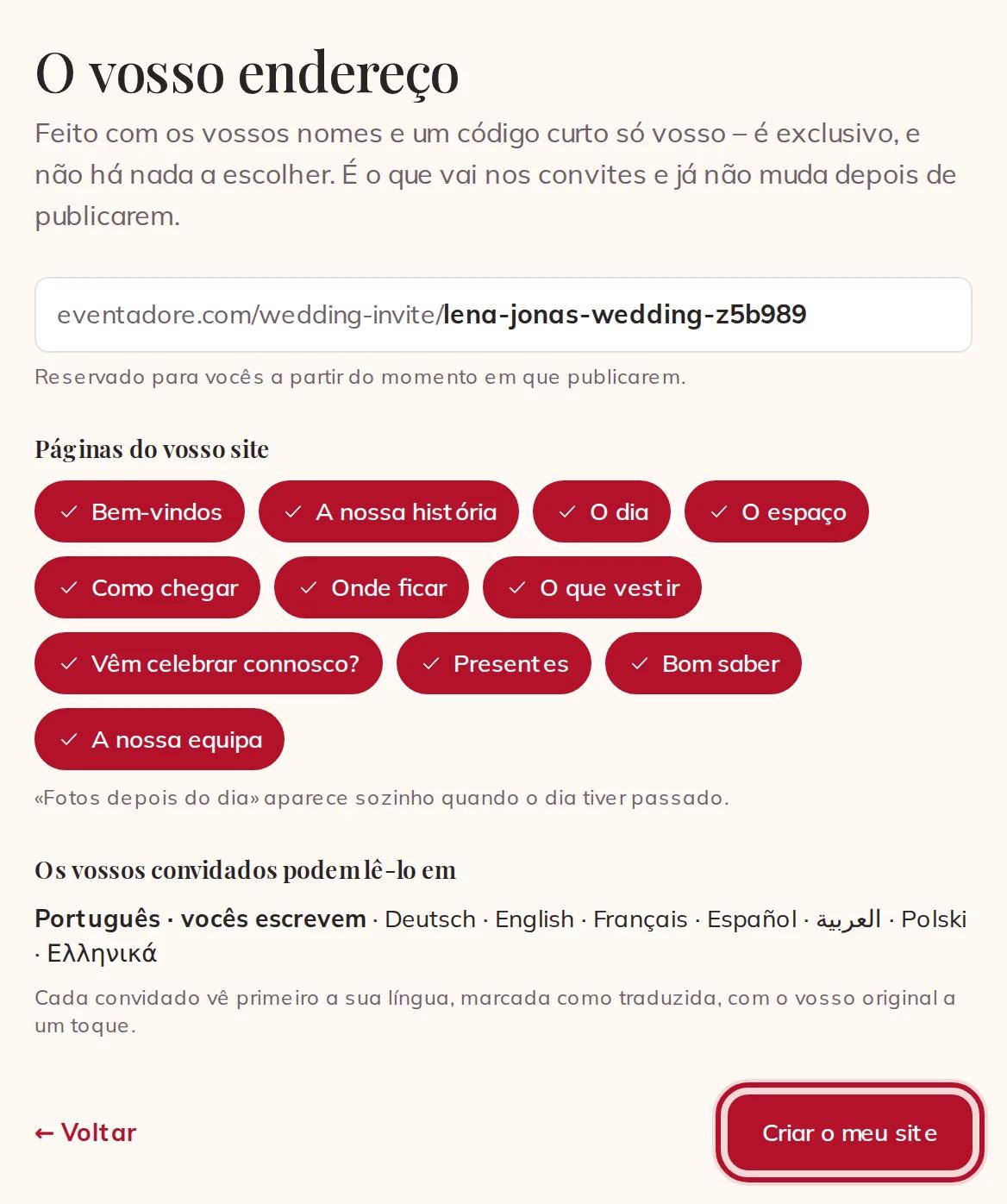 O vosso endereço, as páginas do vosso site e as línguas