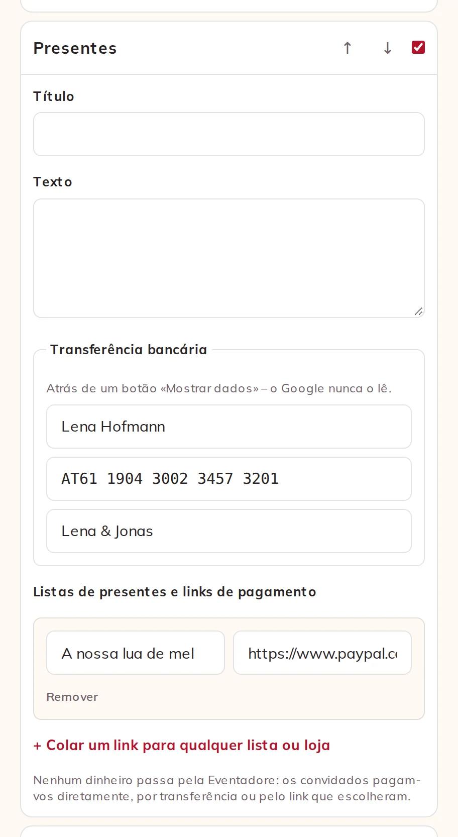 Dados bancários e uma lista de presentes na secção Presentes