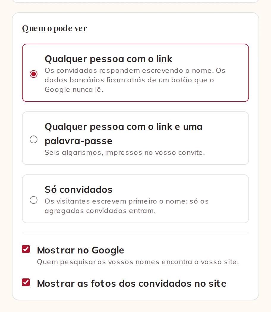 Quem pode ver o vosso site, o Google e as fotos dos vossos convidados