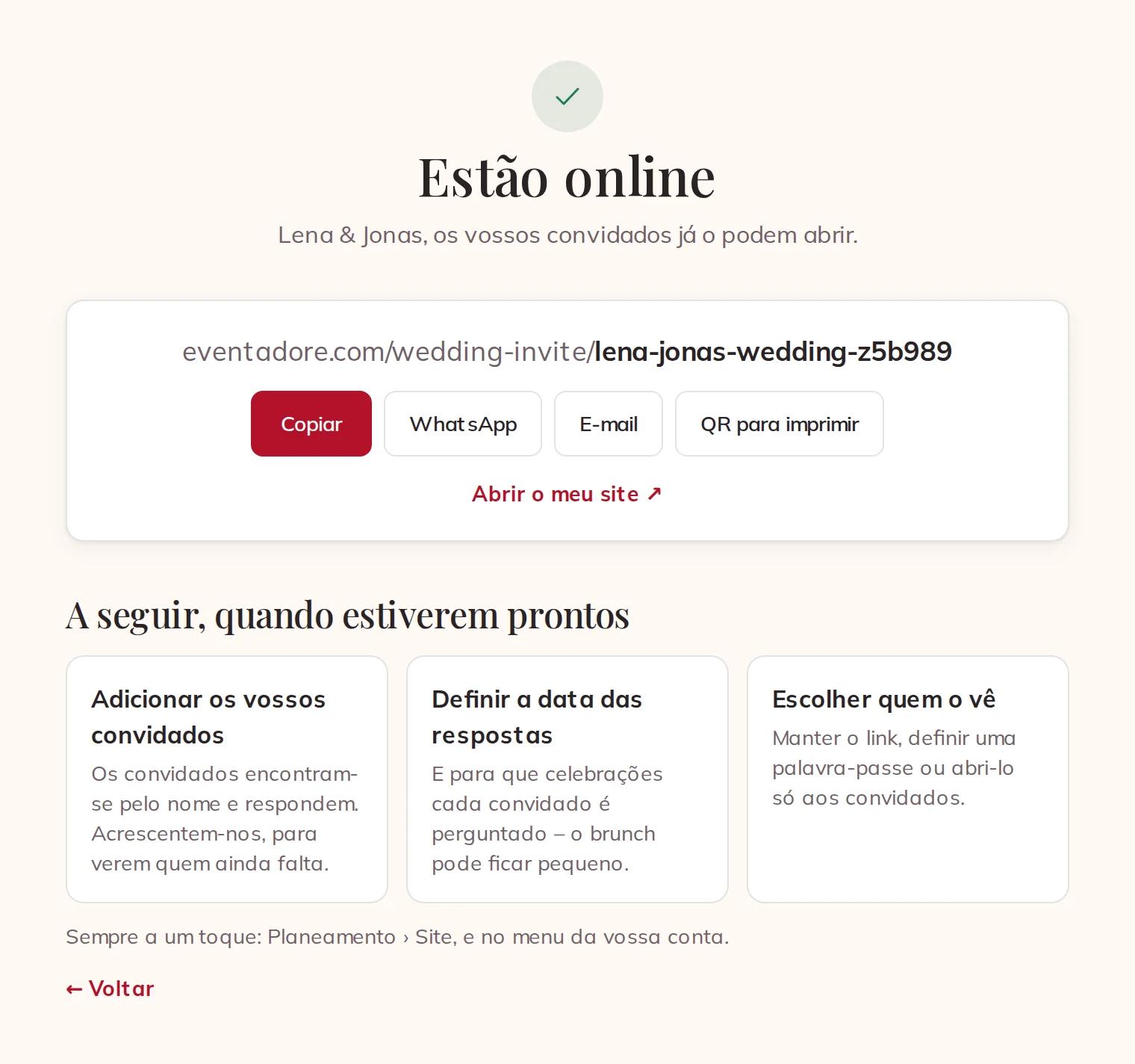 Estão online: copiar o link, WhatsApp, e-mail ou um QR para imprimir