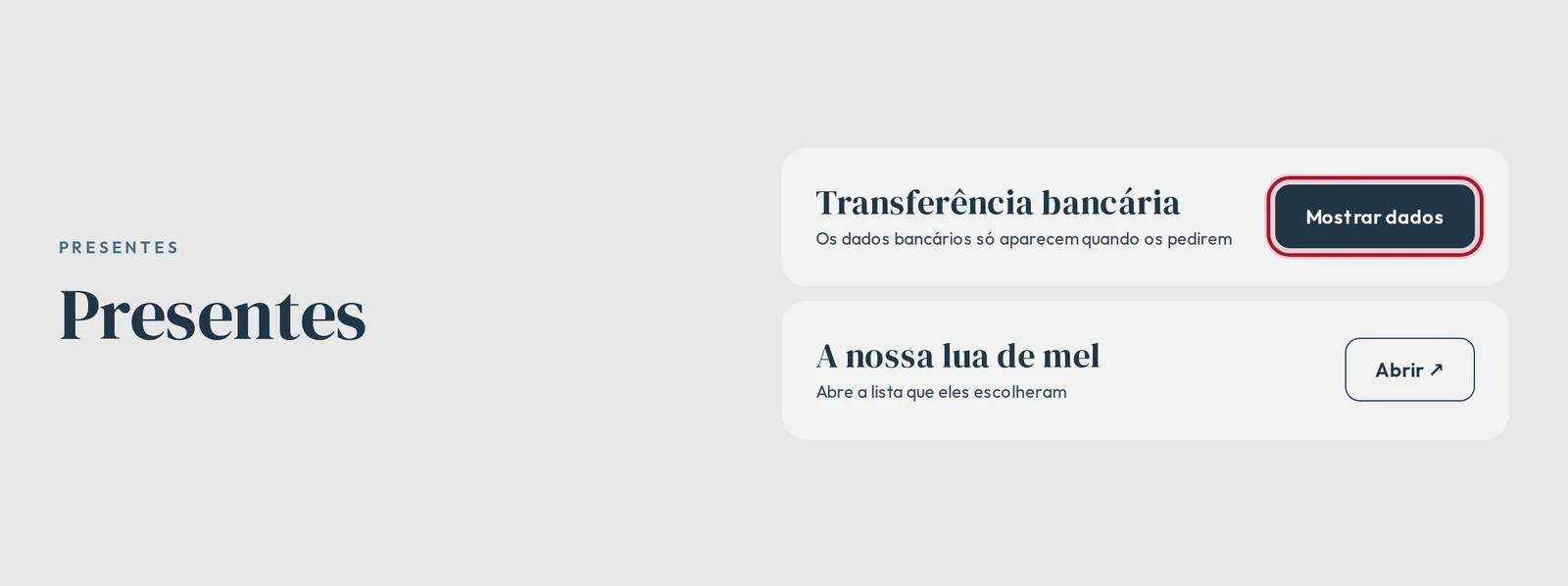 Presentes no vosso site: Mostrar dados para a transferência bancária